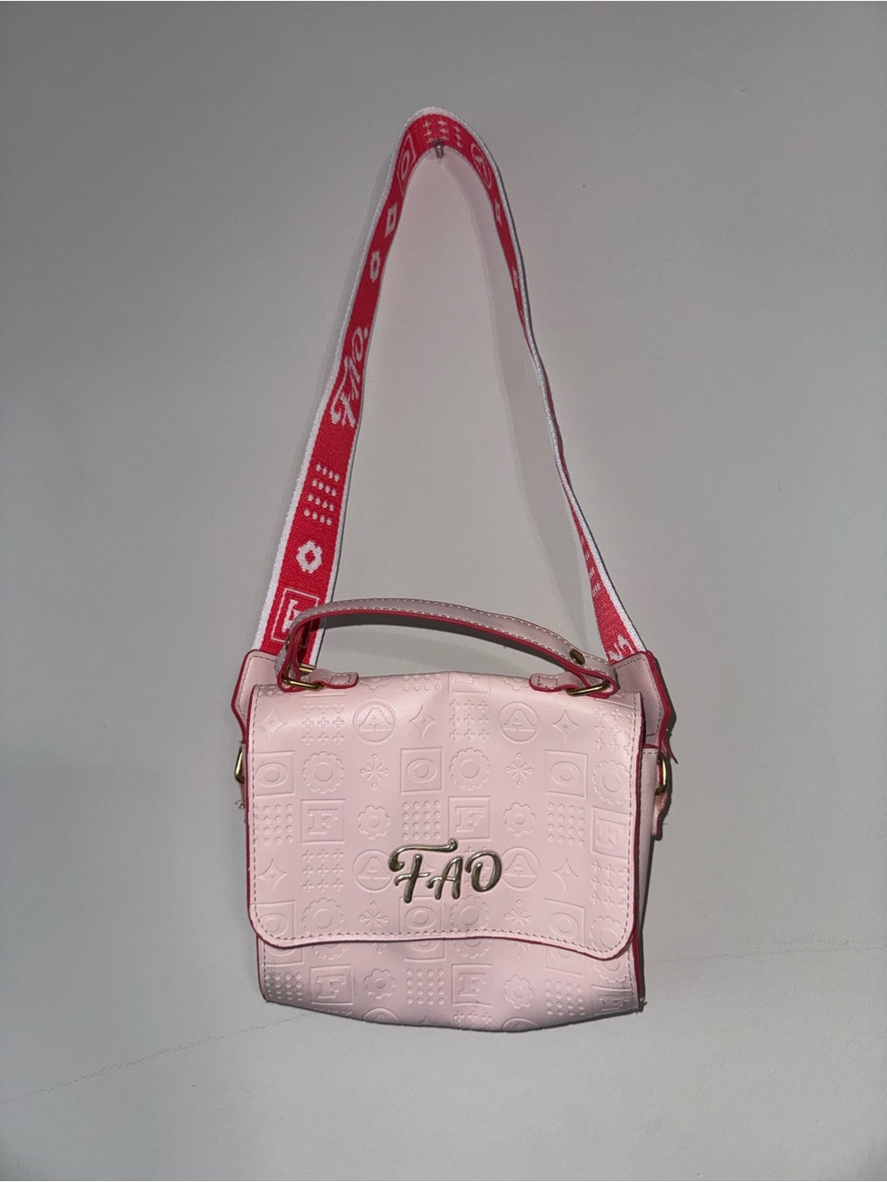 FA Light Pink Embossed Crossbody with Red Logo Strap